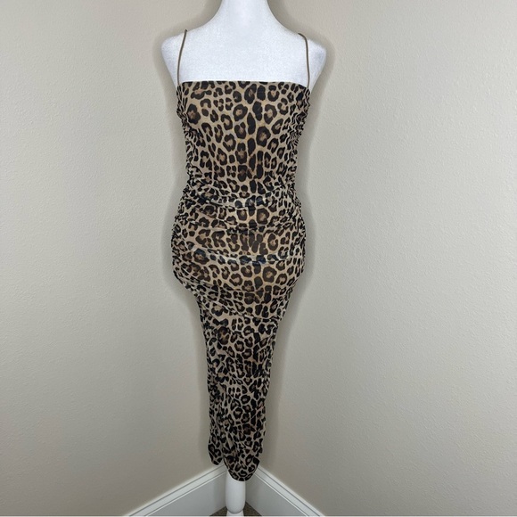 GOOD AMERICAN Tan & Black Leopard Sleeveless Ruched Mesh Midi Dress Sz L NWT - Picture 9 of 16